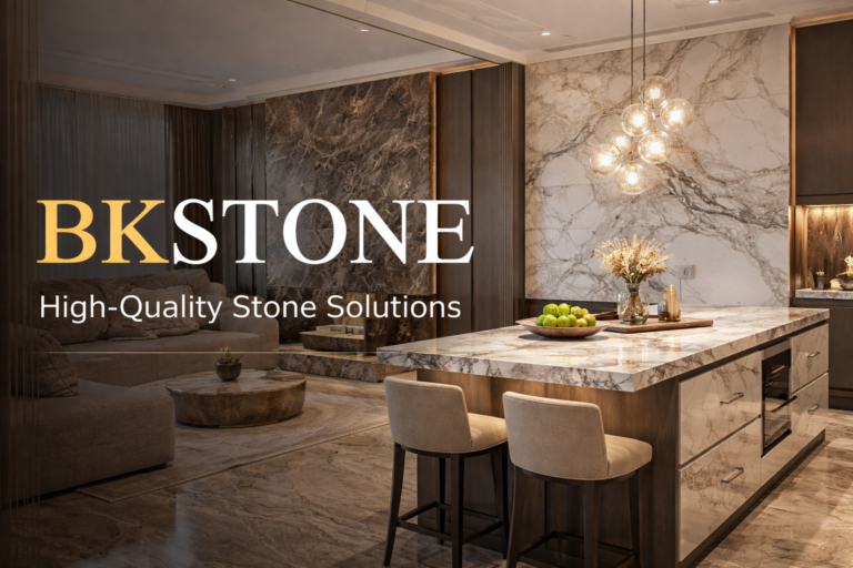 BKStone luxury marble kitchen island and stone wall interior design showcasing modern stone materials